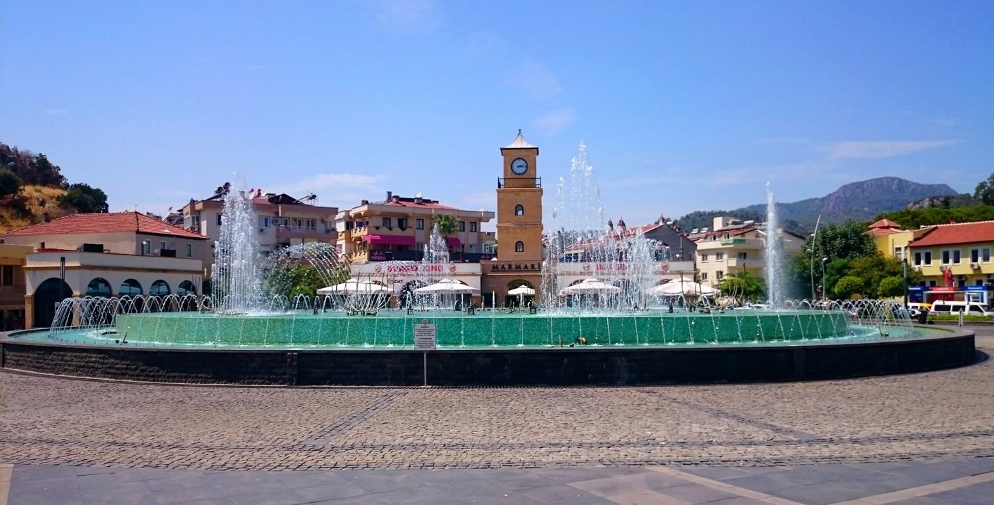 Pictured are dancing fountains in the Main Square of Marmaris Main Square and Dancing fountains