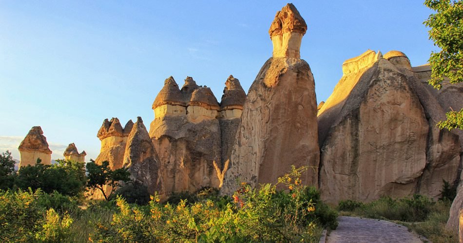 Interesting rocks with cone hats in the Pashabag valley Pashabag Valley
