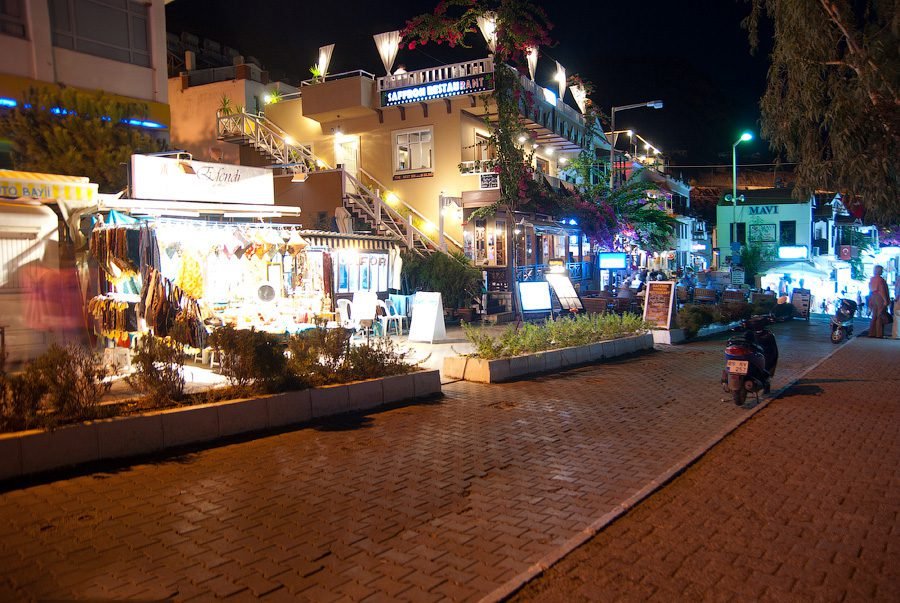Evening walk through the cafes of Kas Cafes in the city of Kash