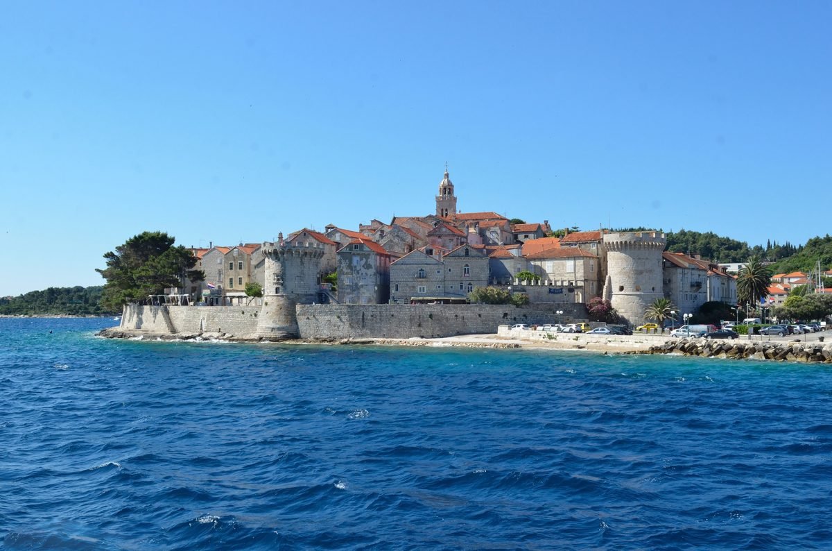 In the photo, the fortress walls of the island of Korcula The fortress walls of Korcula
