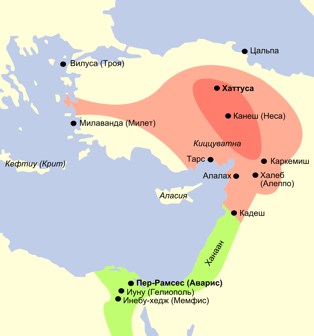 Map of the Hittite Empire (highlighted in red) during the confrontation with Egypt (green) The Hittite Empire