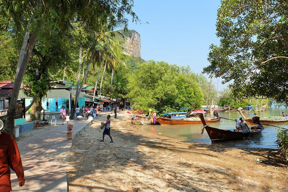 A concrete embankment runs along the entire coastline of Railay East Concrete embankment along Railay East