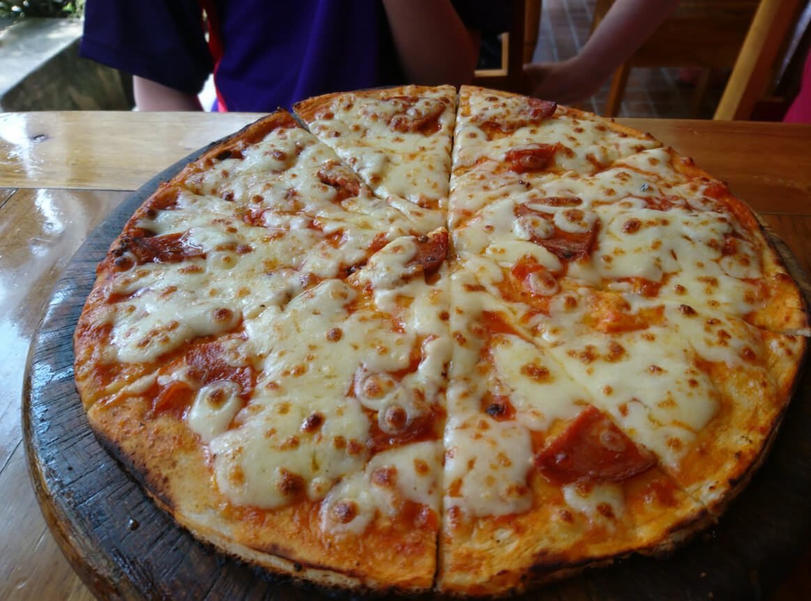 Pizza in one of the cafes in Krabi town Pizza for 200 baht