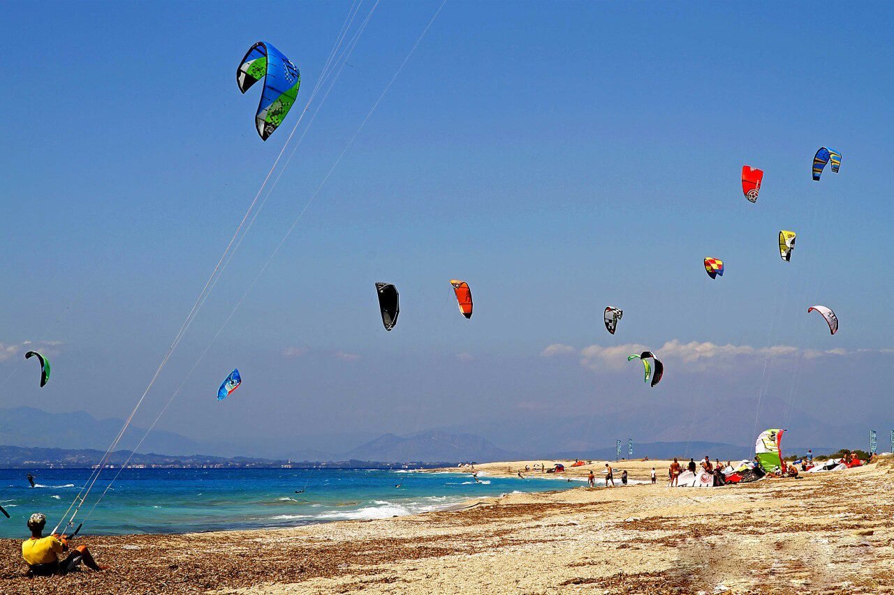 Kite surfers on Agios Ioannis beach Kite surfing on Agios Ioannis beach