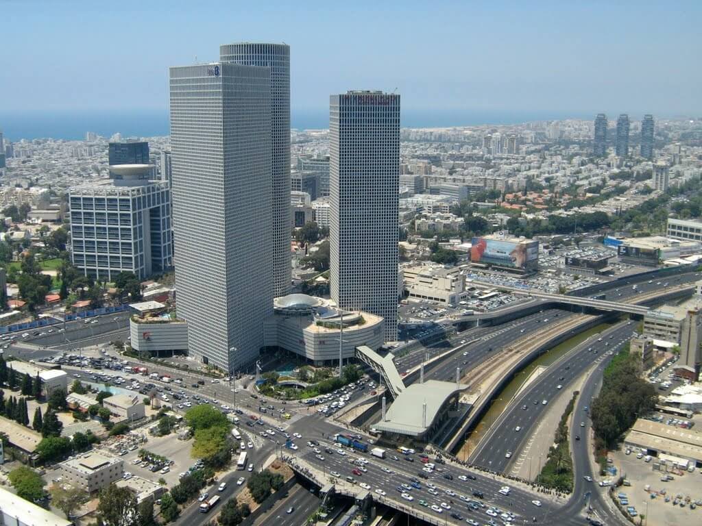 Azrieli Business Center of 3 adjacent skyscrapers of different shapes, Tel Aviv Azrieli Business Center