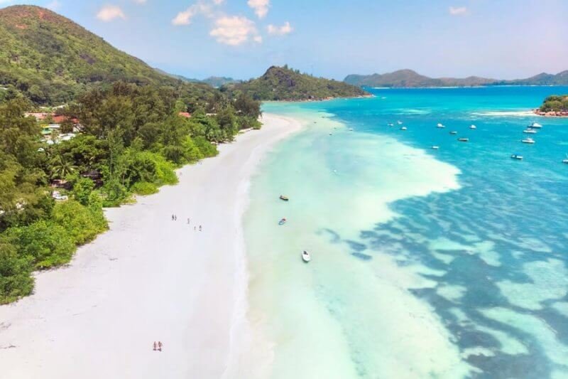 Cote d'Or long beach view on Praslin, Seychelles Cote D'Or Beach