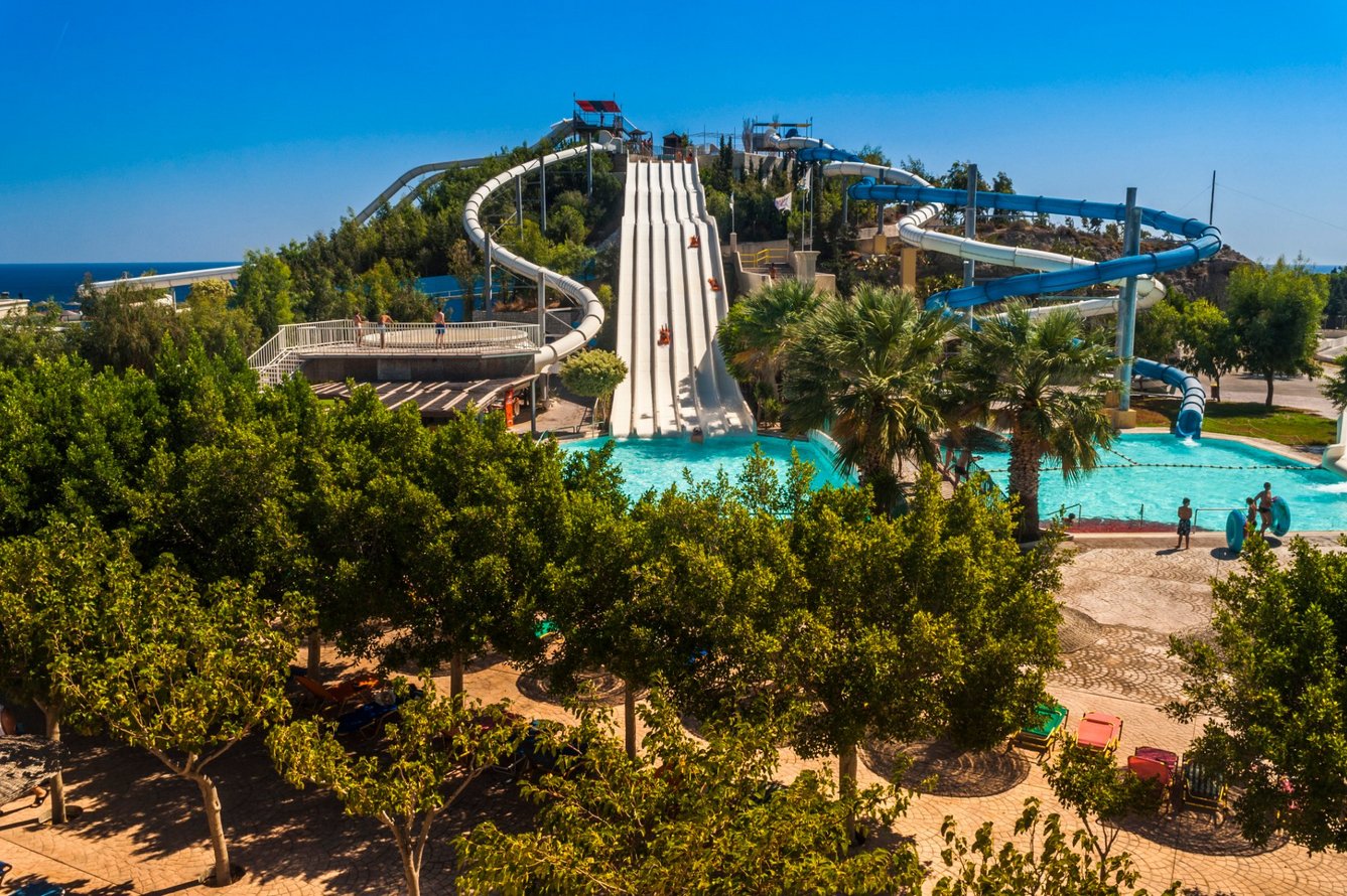 Pictured are slides at the water park, Faliraki Faliraki Water Park