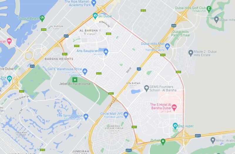 Map of Al Barsha district, Dubai Al Barsha district on the map of Dubai, United Arab Emirates