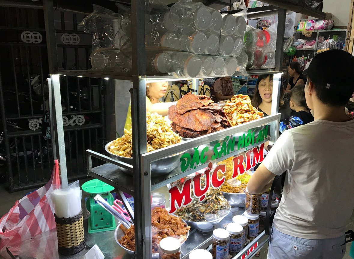 Pictured is a local dish - octopus Local cuisine is served at Nguyen Hoang Street Market