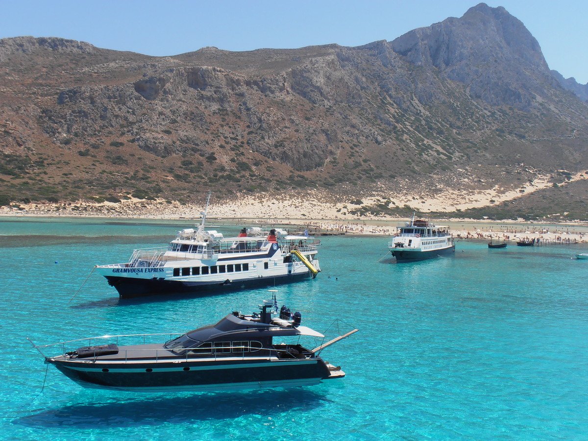 Rented boat with ferries in the bay of Balos in Crete You can rent a boat