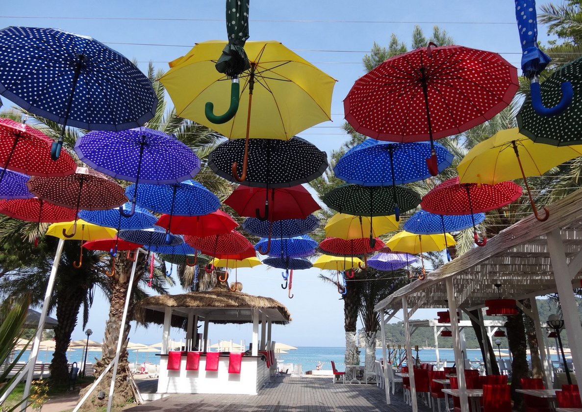 Hanging umbrellas in a cafe in Moonlight Park Moonlight Park Cafe