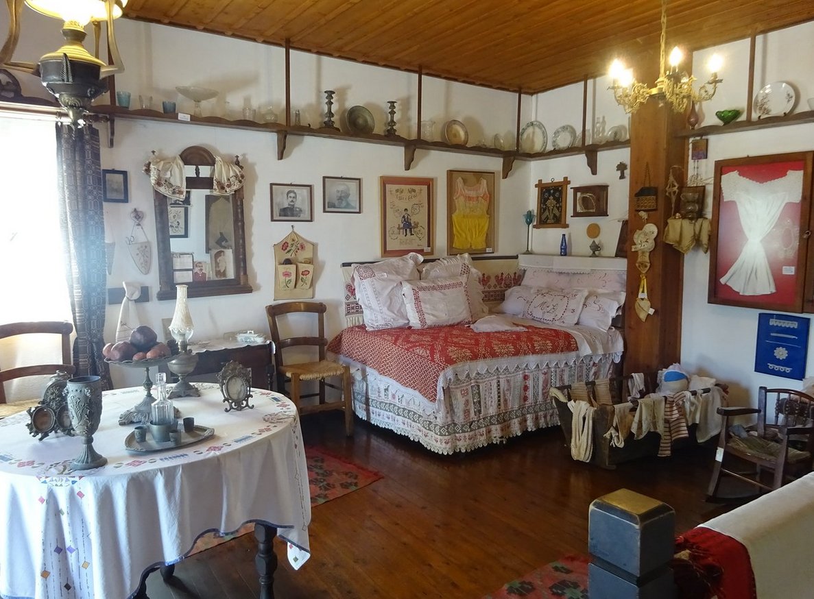 Interior of the walnut room in the Likhnostatis Museum The decor of the house is not a poor Greek