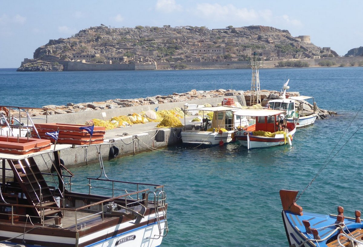 View from the marina of Plaka village on Spinalonga Island Plaka Village Port