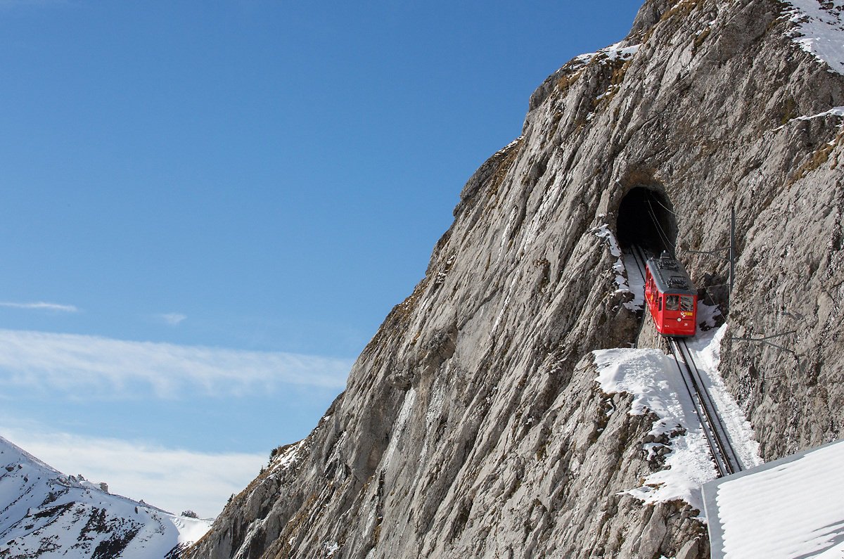 Photo of a steep train climb to the top of Mount Pilatus Train to the top of Mount Pilatus