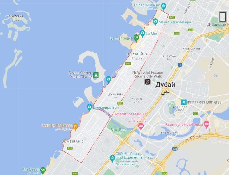 Jumeirah district location on the map Jumeirah district on the Map of Dubai