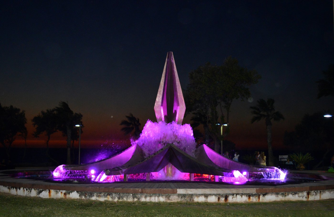 Fountain beautifully illuminated at night on Independence Square, Nestanya Fountain on Independence Square