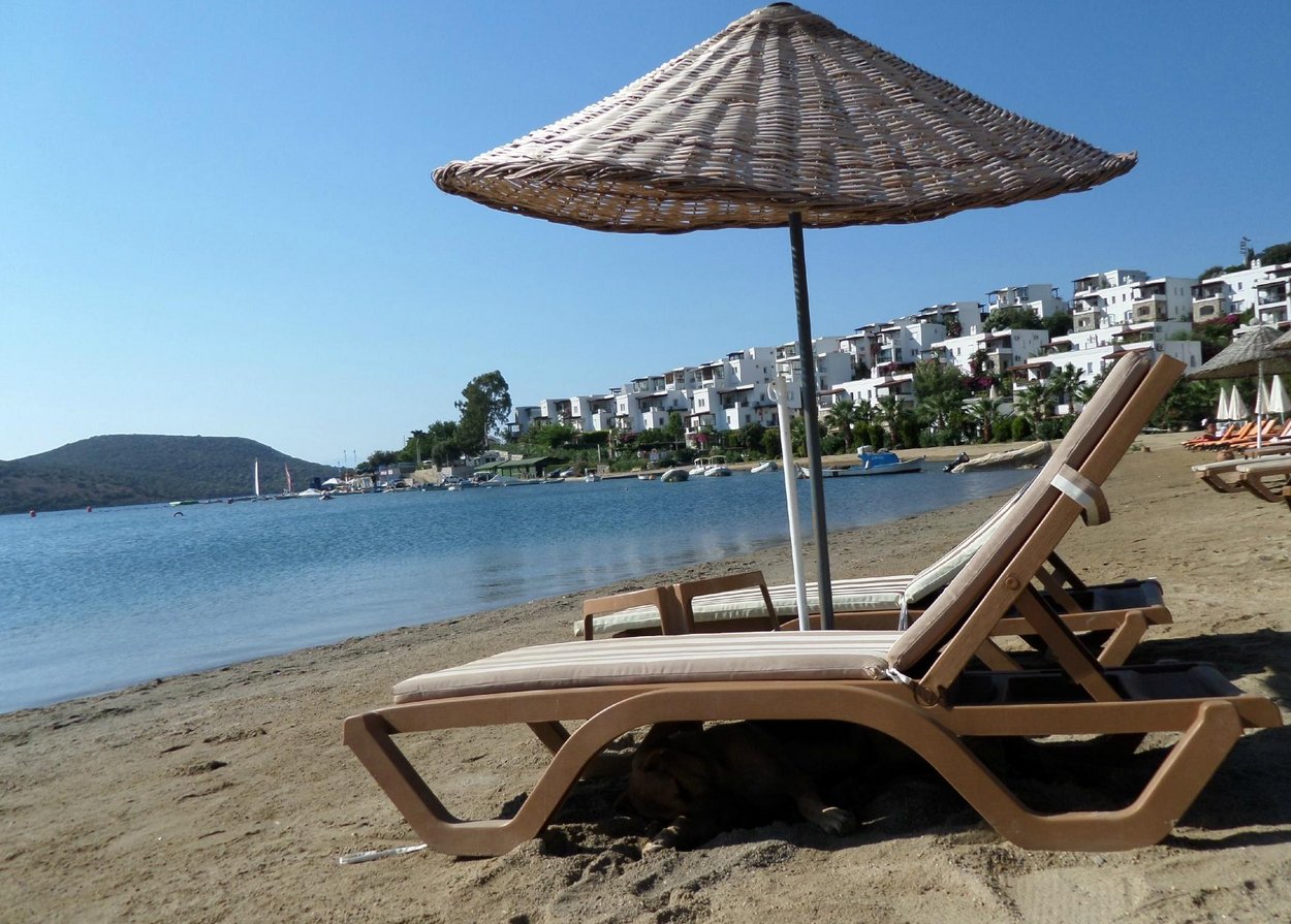 Sun lounger with umbrella at Bitez Beach, Bodrum Sun loungers and umbrellas are also available
