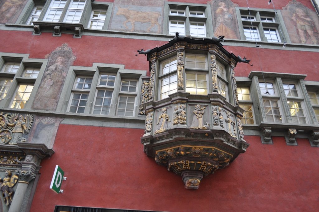Bay window on a building in the old town which depicts allegories of the five senses in the form of women Bay window on a building in the old town