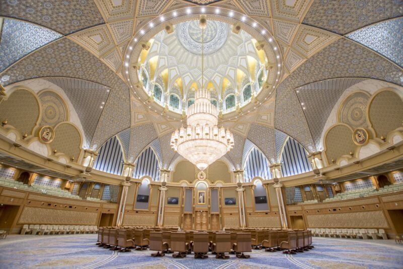 Qasr Al Watan Palace inside Hall with a crystal chandelier in the Qasr al Watan Palace