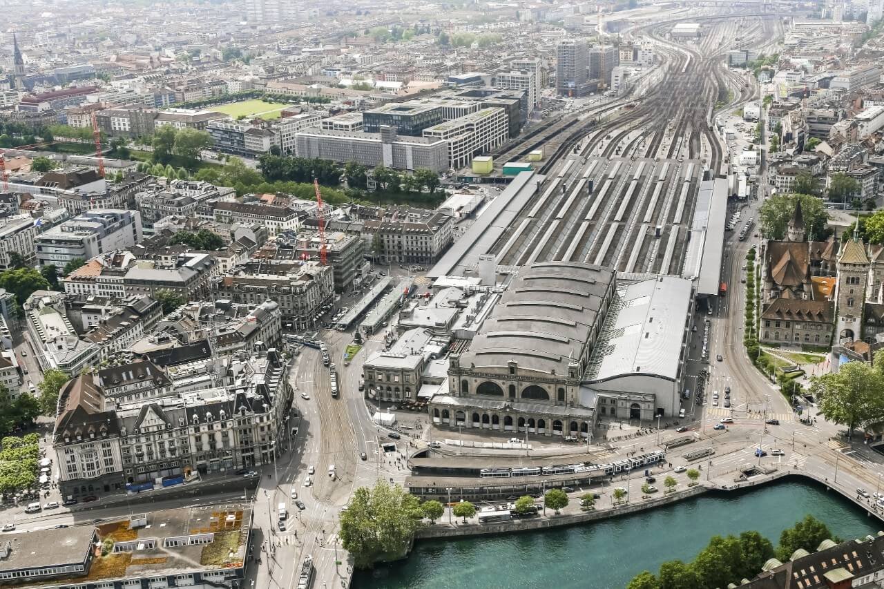 Top photo of the Hauptbahnhof central station in Zurich Hauptbahnhof Central Station