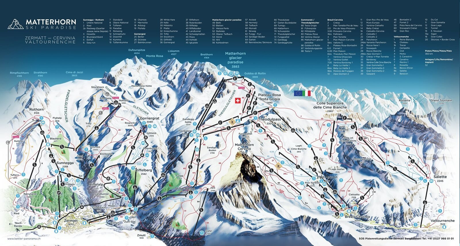 Zermatt ski slopes on the map Zermatt Ski Area Map, Switzerland