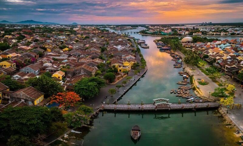 Aerial view of Hoi An City and Thu Bon River, Vietnam River and city view