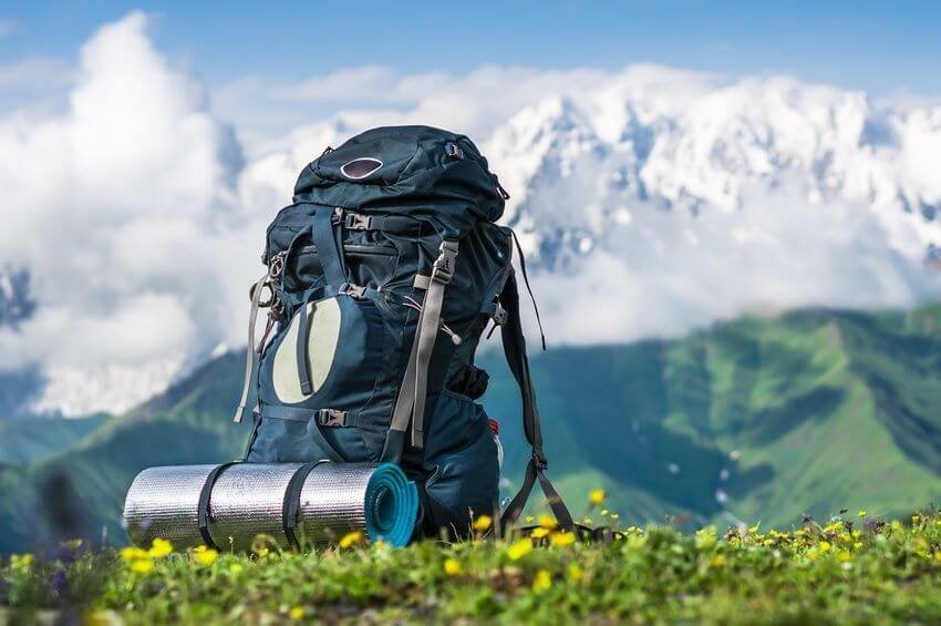Photo of a tourist backpack Take a backpack with food, water, and a windbreaker