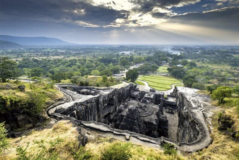Ellora Cave Temple view from above, India View of Ellora Cave Temple from above