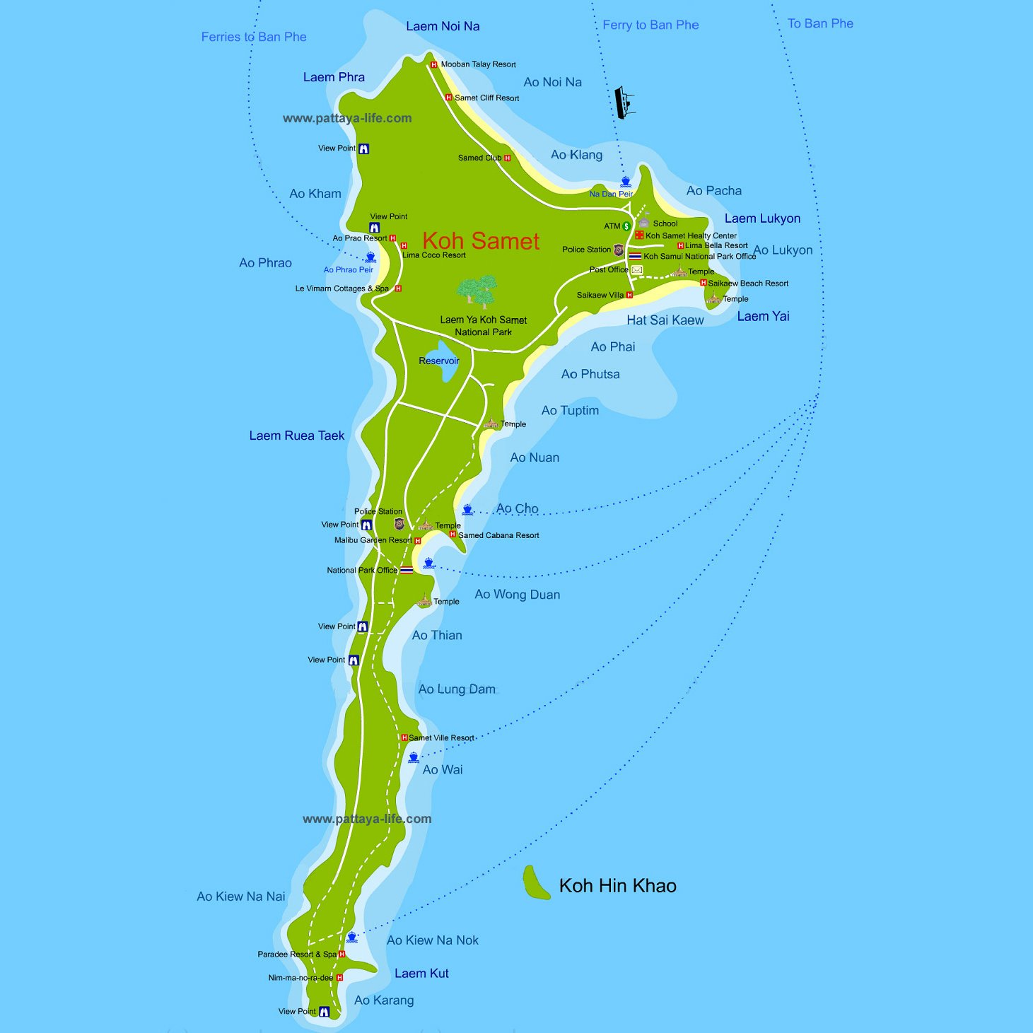 Koh Samet Island map with beaches and hotels Map of Samet Island