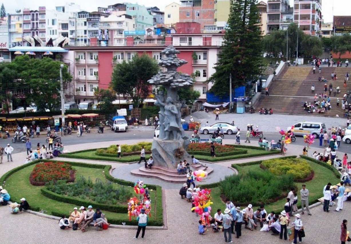 Green flower beds on the square in Dalat City square with flower beds