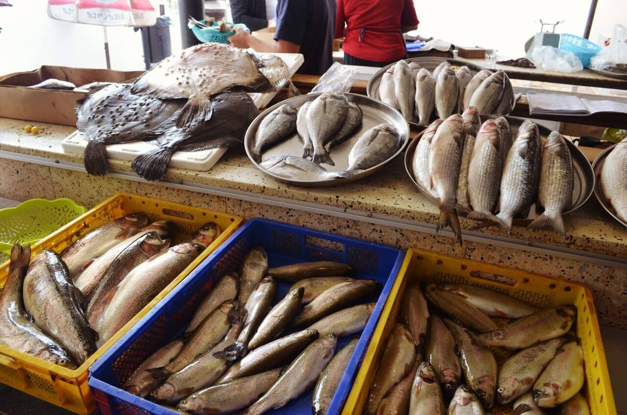 Photo of fish on the counter at the market in Batumi Fish market in Batumi