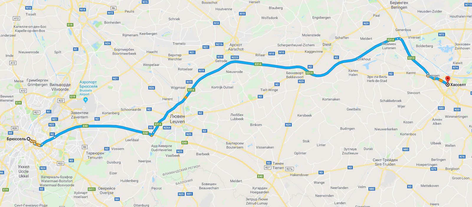 Road on Google map from Brussels to Hasselt Brussels-Hasselt road by car
