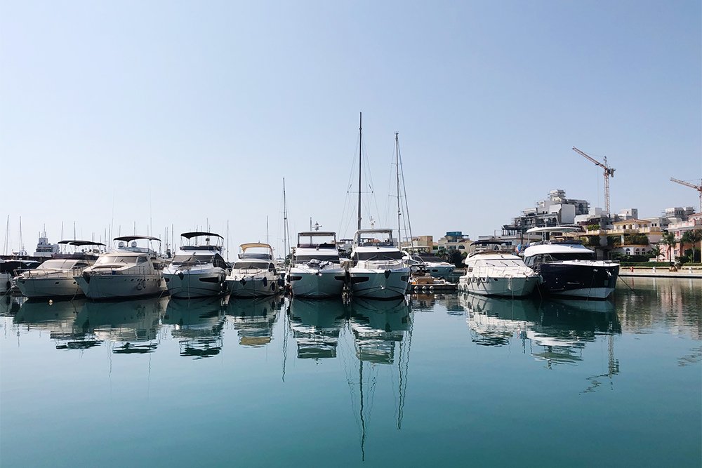 Some yachts have sale signs with phone numbers