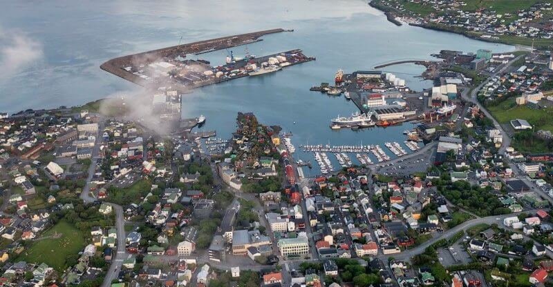 Aerial view of the port and city of Tórshavn, Faroe Islands View Torshavn city