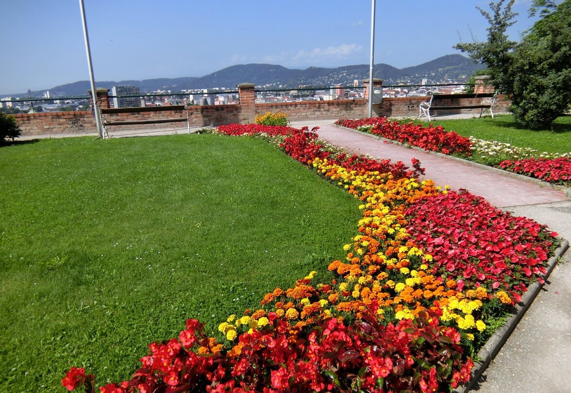 A blooming flower bed in the park on Schlossberg Mountain, Graz, Austria Schlossberg Park