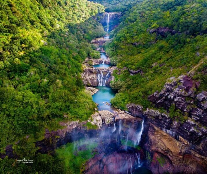 A cascade of 7 waterfalls in the Mauritius National Park Tamarind Waterfalls