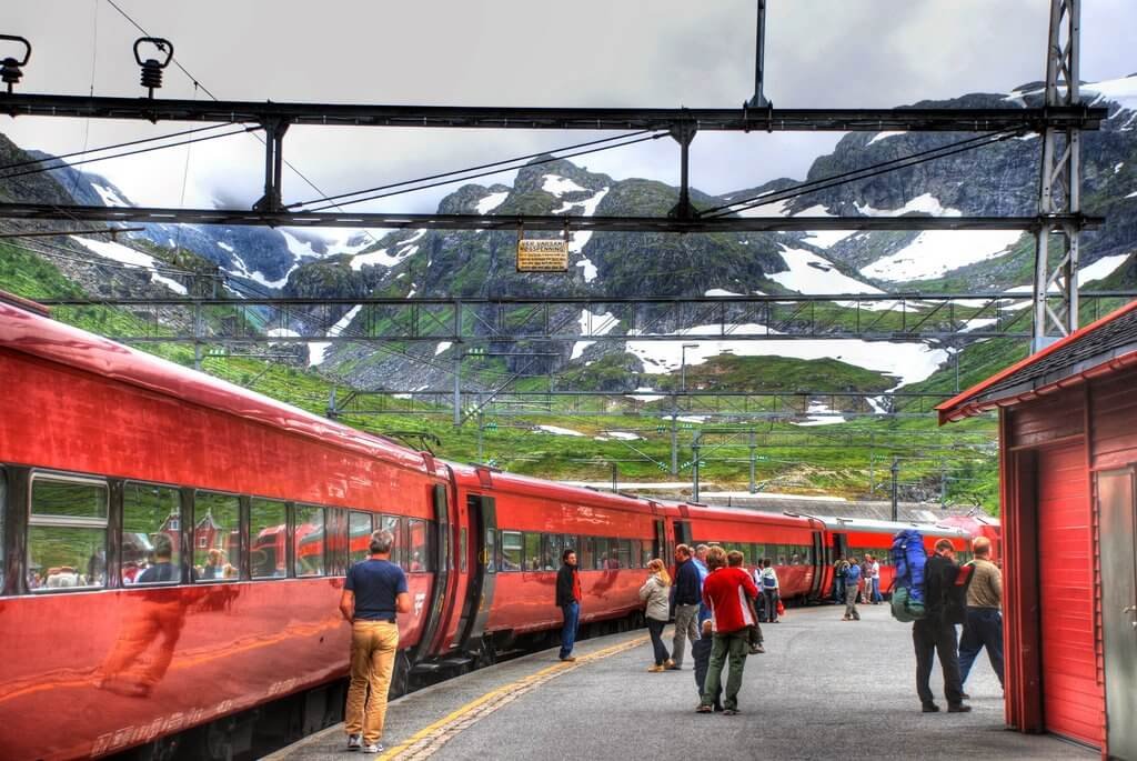 Photo of a train at the Myrdal railway station At the Myrdal railway station
