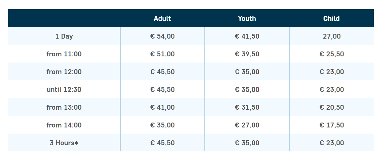 Table with ski pass prices for the day during the high season at the Bad Gastein resort Bad Gastein ski pass for the day during the high season