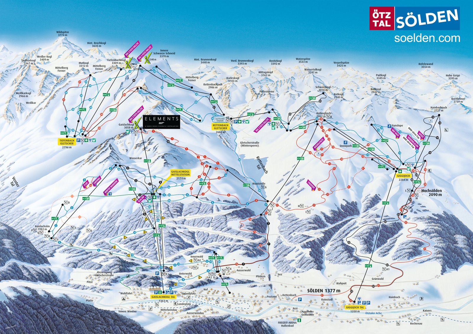 Map of the ski slopes in Selden, Austria Solden trail layout