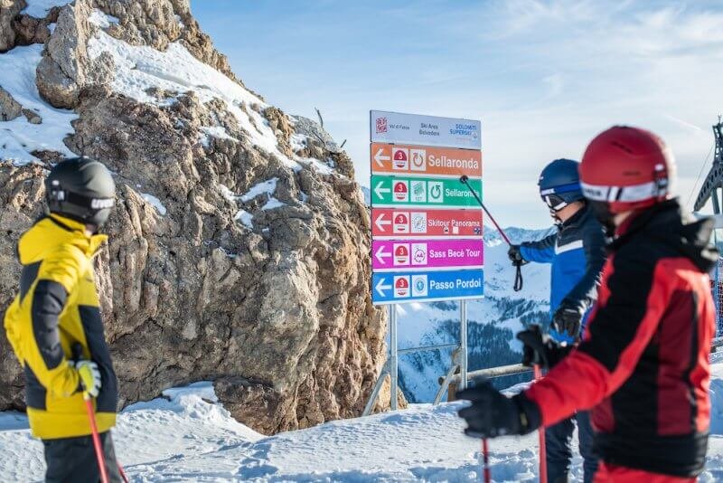 Sellaronda is part of Dolomiti Superski. Route designation on Sellaronda