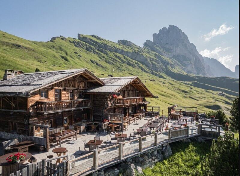 Val Gardena in summer, the Dolomites The Rifugio Seceda restaurant on Sella Ronda.