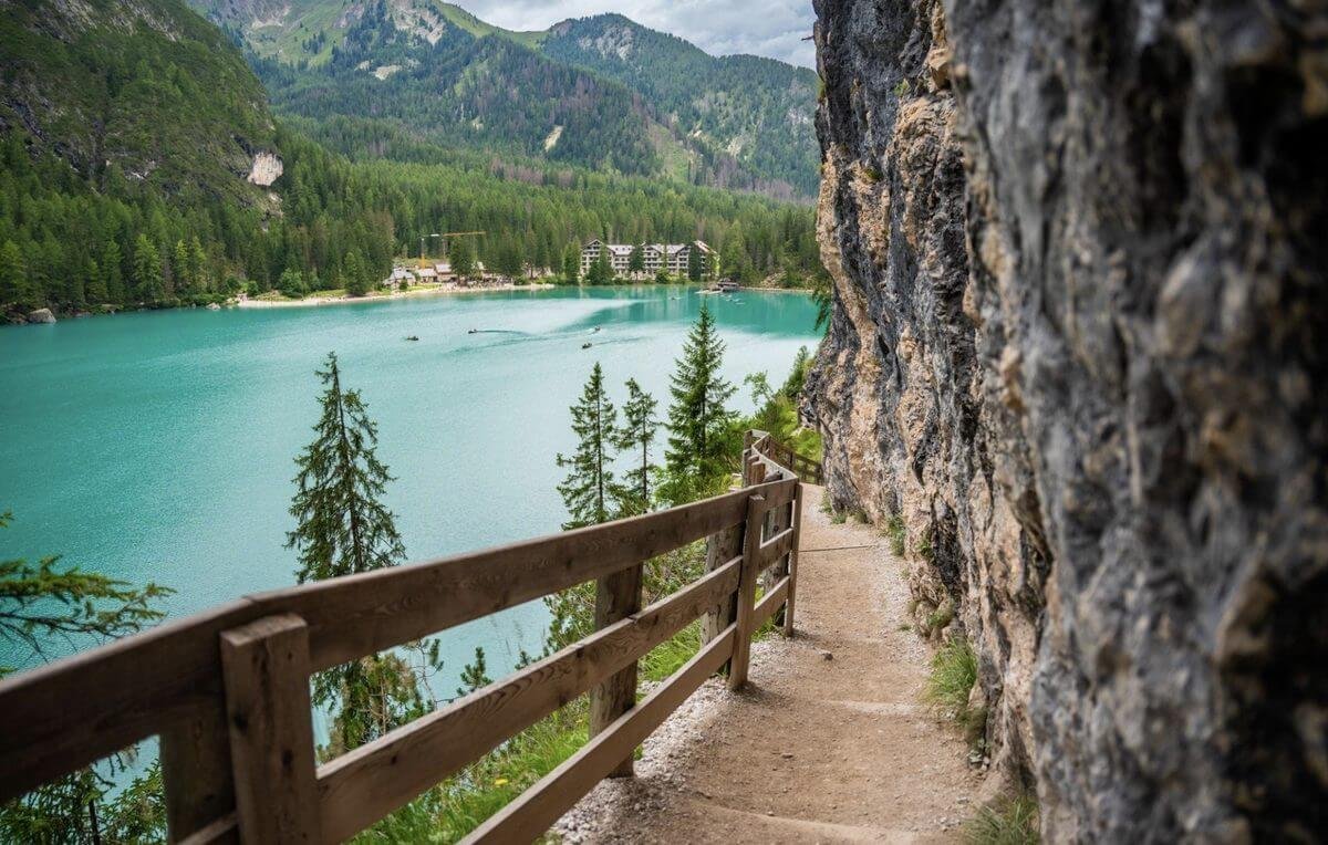 The hiking trail around Lake Lago di Braies. The trail around Lago di Braies is a hiking route.