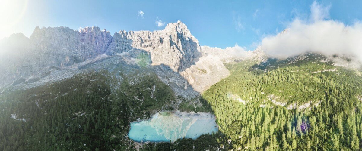 View of Lake Sorapis and the Dolomites from above