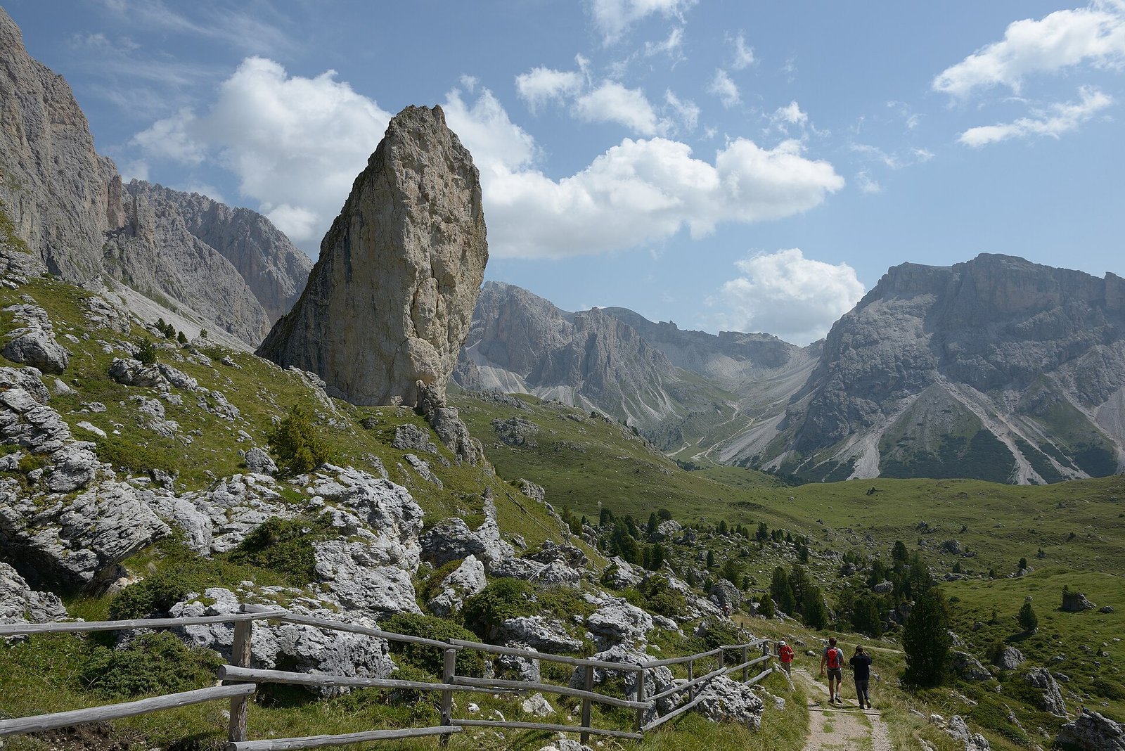 The tall Pieralongia rock pillar beside a hiking trail in the Puez-Odle Nature Park